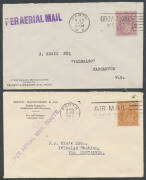 Mostly 1920s Western Australia internal commercial covers with an all-different array of air mail handstamps comprising 'PER AERIAL MAIL'  x7, 'PER AERIAL MAIL ROUTE' x3, 'AERIAL MAIL' x4, 'PER AIR-MAIL' (registered but philatelic) & 'FORWARDED BY AIR MAI - 2