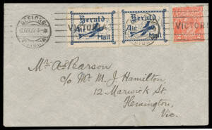1922 (April 17) Geelong-Melbourne #64 cover carried on the return flight of the Herald & Weekly Times experimental service franked with KGV 2d red and mostly fine pair of blue "Herald/Air Mail" labels (Frommer #5a; minor gum staining on a couple of perfs)