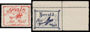 1922 (April 17) Melbourne-Geelong-Melbourne #64a Herald & Weekly Times blue "Herald/Air Mail" label with large margin at right and full top margin mostly fine unused (Frommer #5a; couple of minor gum irregularities and hinge remains), issued for specifica
