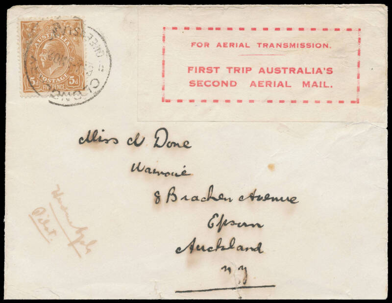 1922 (Nov 2) Cloncurry-Charleville #66 cover to Toowomba, Qld carried by Hudson Fysh and PJ McGinnes on the return trip of the inaugural QANTAS experimental service with their red vignette 'For Aerial Transmission/First Trip Australia's/Second Aerial Mail