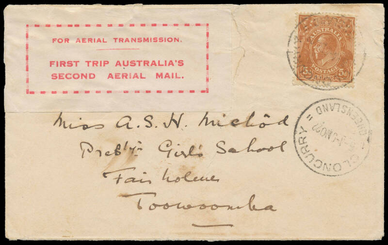 1922 (Nov 2) Cloncurry-Charleville #66 cover to Toowomba, Qld carried by Hudson Fysh and PJ McGinnes on the return trip of the inaugural QANTAS experimental service with their red vignette 'For Aerial Transmission/First Trip Australia's/Second Aerial Mail
