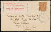 1922 (Nov 2) Cloncurry-Charleville #66 cover to Toowomba, Qld carried by Hudson Fysh and PJ McGinnes on the return trip of the inaugural QANTAS experimental service with their red vignette 'For Aerial Transmission/First Trip Australia's/Second Aerial Mail