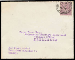 1924 (June 2) Adelaide-Sydney #71 with PMG's Department crest on the flap & KGV 4½d tied by 'ADELAIDE/JU2/24/STH 4 AUST' cds, 'MILDURA/2JE24/VIC' transit b/s, minor stain on the reverse, Cat $550. With matching letterhead bearing personal message "...I am