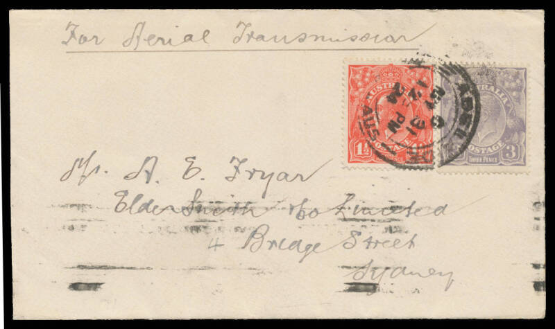 1924 (June 2) Adelaide-Sydney First Flight per Australian Aerial Services #71, KGV 1½d red & 3d with Adelaide cds of MY31/24 & Sydney arrival b/s of 4JE-1924, minor blemishes, Cat $550.