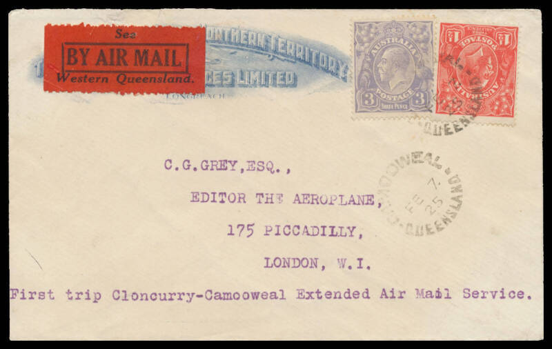 1925 (Feb 7) Camooweal-Cloncurry #76 QANTAS cover sent to London carried by Lester Brain on the return trip of the inaugural QANTAS Cloncurry-Charleville airmail service extension to Camooweal with QANTAS black on red 'See Western Queensland' airmail labe