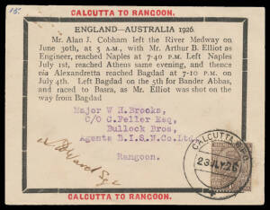 1926 (June 30) England-Australia-England #99b intermediate mourning cover carried by Sir Alan Cobham on the Calcutta-Rangoon leg franked with India KGV 1a brown tied 'CALCUTTA GPO/23JLY26' datestamp, signed 'AW Ward Sgt' on face with memorial photo label 