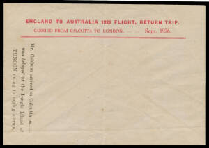 1926 (June 30) England-Australia-England #100 cover prepared for intermediate stage of homeward flight but not used with printed endorsment 'ENGLAND TO AUSTRALIA 1926 FLIGHT, RETURN TRIP, CARRIED FROM CALCUTTA TO LONDON ... Sept 1926' in red and added pri