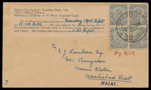 1926 (June 30) England-Australia-England #101b intermediate cover carried by Sir Alan Cobham and Sgt AH Ward on the Calcutta-Allahabad leg with special label '...arrived in Calcutta on Sunday 19th Sept at 11.10am ... delayed by raging storms ...' franked 