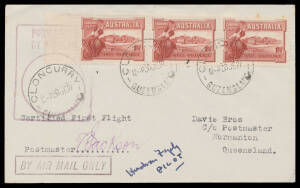 1927 (July 1) Cloncurry-Normanton-Cloncurry #106/107 two covers carried by Hudson Fysh on QANTAS route extension flights, the former with Canberra 1½d (3) tied 'CLONCURRY/30JE27/QUEENSLAND' datestamp signed "Hudson Fysh / PILOT" on face with Normanton '1J
