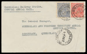 1927 (Sept 7) Bourke-Charleville #109 HM Ware, Auctioneer, Bourke cover endorsed 'Queensland Railway Strike/SPECIAL AERIAL MAIL' carried by QANTAS special strike relief flight with KGV 3d blue and 1½d red tied 'BOURKE/26SE27/NSW' datestamps, violet 'FORWA