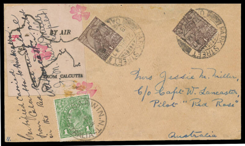 1927 (Oct 14) England-Australia #111 two intermediate covers carried by Capt WA Lancaster and Mrs Keith Miller, the former to Australia with India KGV 1a brown (2) tied 'PARK STREET/20DEC27/CALCUTTA' and special 'Map' airmail label signed by both pilots w