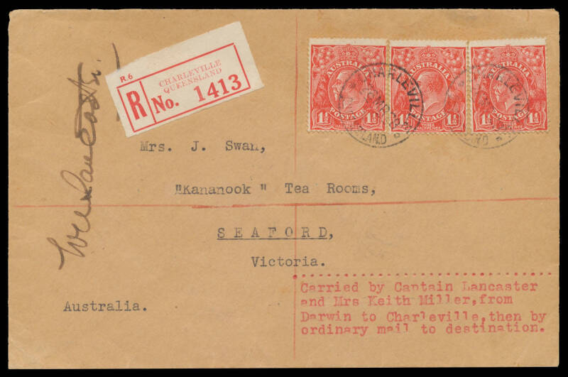 1927 (Oct 14) England-Australia #112 intermediate cover sent registered from Northern Territory to Victoria endorsed 'Carried by Captain Lancaster and Mrs Keith Miller from Darwin to Charleville, then by ordinary mail to destination' with KGV 1½d red (3)