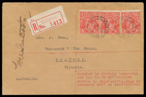 1927 (Oct 14) England-Australia #112 intermediate cover sent registered from Northern Territory to Victoria endorsed 'Carried by Captain Lancaster and Mrs Keith Miller from Darwin to Charleville, then by ordinary mail to destination' with KGV 1½d red (3) 