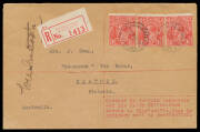 1927&nbsp;(Oct 14) England-Australia #112 intermediate cover sent registered from Northern Territory to Victoria endorsed 'Carried by&nbsp;Captain Lancaster&nbsp;and&nbsp;Mrs Keith Miller&nbsp;from Darwin to Charleville, then by ordinary mail to destination' with KGV 1&frac12;d red (3) 