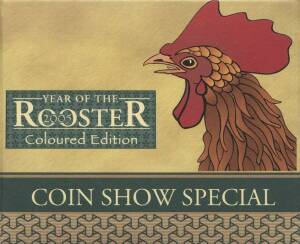 Group with 1990 Nugget gold 1/10 of an ounce, 1992 Koala&nbsp;platinum 1/20 of an ounce and 2005 Year of the Rooster 1/20 of an ounce coloured gold. All cased with certificates. Total cat. $405.&nbsp;