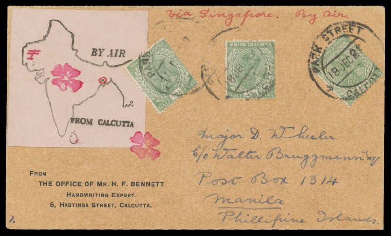 1927 (Oct 14) England-Australia #113 intermediate cover to Philippines endorsed "Via Singapore By Air" carried by Capt WA Lancaster and Mrs Keith Miller in an Avro Avian with India KGV ½a green (3) tied 'PARK STREET/18DEC27/CALCUTTA' also tying special 'B