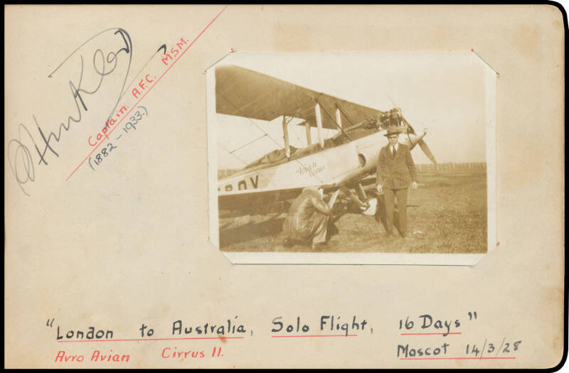 AUTOGRAPH BOOK: circa 1920s-30s autograph book containing more than 50 autographs of famous aviators including Charles Kingsford Smith, Charles Ulm, Harry Lyon, Bert Hinkler, Keith Smith, Lancaster & Miller, Wally Shiers, P.G. Taylor and others.