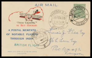 1928 (Feb 7) England-Australia #118 intermediate Aero Philatelic Club of Calcutta souvenir illustrated postcard 'FROM CALCUTTA/BY BERT HINKLER' showing plane carried by Bert Hinkler from India to Burma on his record-breaking solo flight in an Avro Avian w