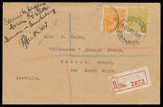 1928&nbsp;(Feb 7) England-Australia #119 intermediate registered cover to NSW carried by&nbsp;Bert Hinkler&nbsp;on his record-breaking solo flight endorsed "Carried by Aeroplane/Avian G-EBOV/Darwin-Bundaberg" and signed "B Hinkler" on face with KGV 4d olive and &frac12;d orang