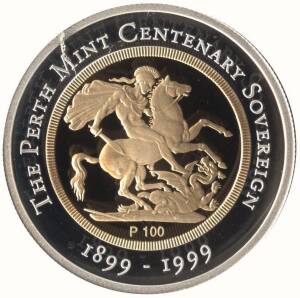 1999 $100.00 Perth Mint Centenary Sovereign, silver & gold bi-metallic proof. Cased with certificate. Small blemish on surface which should clean off. Cat. $550