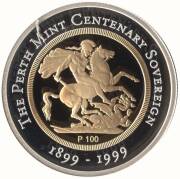 1999 $100.00 Perth Mint Centenary Sovereign, silver & gold bi-metallic proof. Cased with certificate.&nbsp;Small blemish on surface which should clean off. Cat. $550