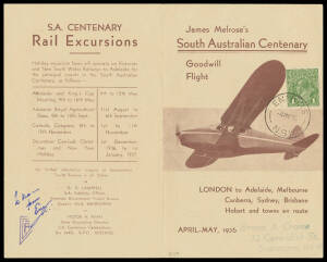 A folio containing 1928 - 1970s ephemera including 1928 Hinkler in Adelaide programme, New England Air Service time-table, 1931 Kingsford Smith brochure, James Melrose 1936 flight, South Australian Centenary Air Race brochure, 1938 Empire Air Mail Scheme 