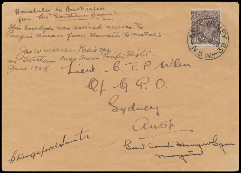 1928 (May 31) USA-Australia #122a cover addressed to Lieut CTP Ulm flown by Sir Charles Kingsford Smith, Charles Ulm, J Warner & H Lyon on the first crossing of the Pacific by air endorsed "Honolulu to Australia per the 'Southern Cross'/This Envelope was