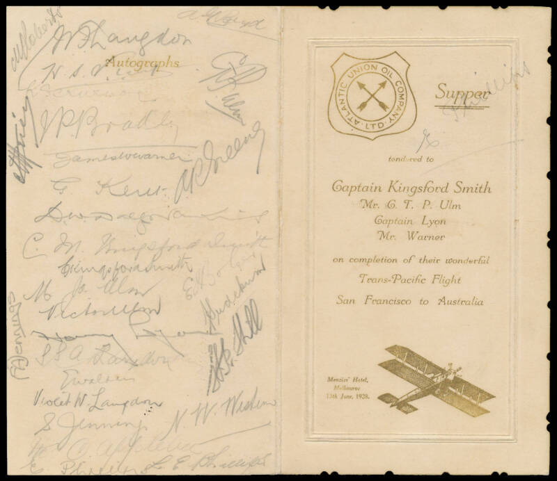 THE TRANS-PACIFIC FLIGHT: 13th June 1928 menu card for a supper at Menzies' Hotel, Melbourne "tendered to Captain Kingsford Smith, Mr. C.T.P. Ulm, Captain Lyon, Mr. Warner on completion of their wonderful Trans-Pacific Flight San Francisco to Australia".