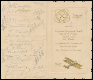 THE TRANS-PACIFIC FLIGHT: 13th June 1928 menu card for a supper at Menzies' Hotel, Melbourne "tendered to Captain Kingsford Smith, Mr. C.T.P. Ulm, Captain Lyon, Mr. Warner on completion of their wonderful Trans-Pacific Flight San Francisco to Australia". 