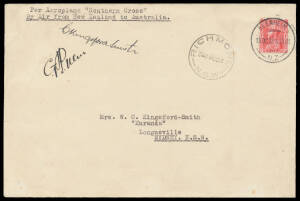 1928 (Oct 13) New Zealand-Australia #126 cover carried by Sir Charles Kingsford Smith, Charles Ulm, HA Litchfield & T McWilliams endorsed 'Per Aeroplane "Southern Cross" By Air from New Zealand to Australia' signed "C Kingsford-Smith" and "CTP Ulm" on fac