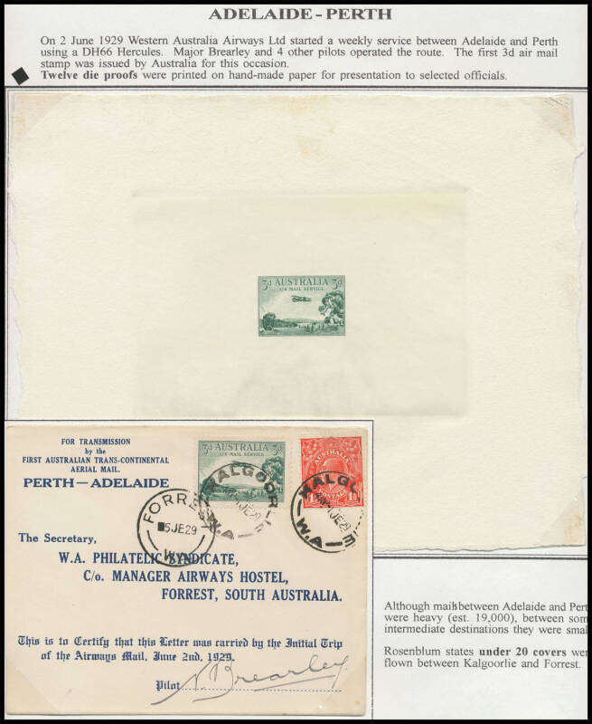 1929 (June 2) Adelaide-Perth #136 Airmail 3d green presentation die proof struck on thick handmade paper (213x167mm) with deckled edges a little ragged at right, BW #134DP(2), Cat $12,500, on exhibit page with WA Philatelic Syndicate intermediate cover fl