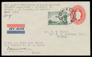 1929 (Aug 19) Adelaide-Streaky Bay #143/143a three covers carried by Eyre Peninsula Airways Ltd in a Junkers F13 monoplane on the outward leg of of the first flight of their unofficial service endorsed respectively 'Adelaide to Cowell' (6 flown), 'Wallaro