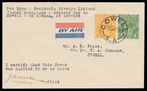 1929 (Aug 20) Streaky Bay-Adelaide #144/144a three covers carried by Eyre Peninsula Airways Ltd in a Junkers F13 monoplane on the return leg of the first flight of their unofficial service endorsed respectively 'Streaky Bay to Cowell' (2 flown), 'Streaky 