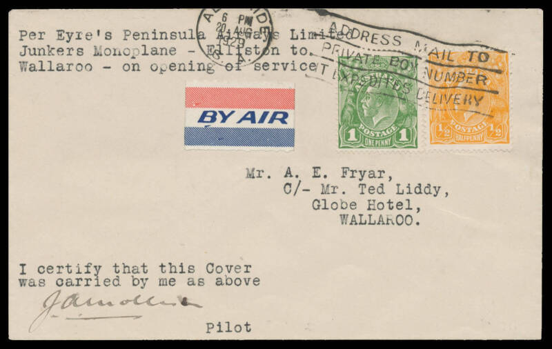 1929 (Aug 20) Streaky Bay-Adelaide #144a two covers carried by Eyre Peninsula Airways Ltd in a Junkers F13 monoplane on the return leg of the first flight of their unofficial service endorsed respectively 'Elliston to Wallaroo' (2 flown) and 'Elliston to