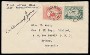 1930 (Feb 19) Darwin-Daly Waters #153 cover flown to connect with Australian Aerial Services route extension endorsed 'First Airway Mail/Daly Waters=Camooweal' franked WA 1½d Swan and 3d Airmail tied 'DARWIN/19FE30'/NT' datestamps signed by pilot Murray J