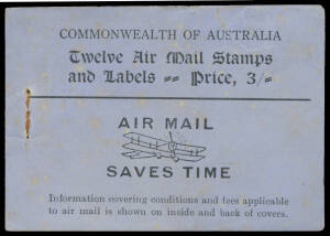 1930 (July) Airmail 3d green booklet stamp #163c three panes of 4 with distinctive dot in margin plus two panes of 6 of airmail labels and black/blue booklet cover together making up the contents of one "exploded" 3/- booklet, some blemishes and toning, B