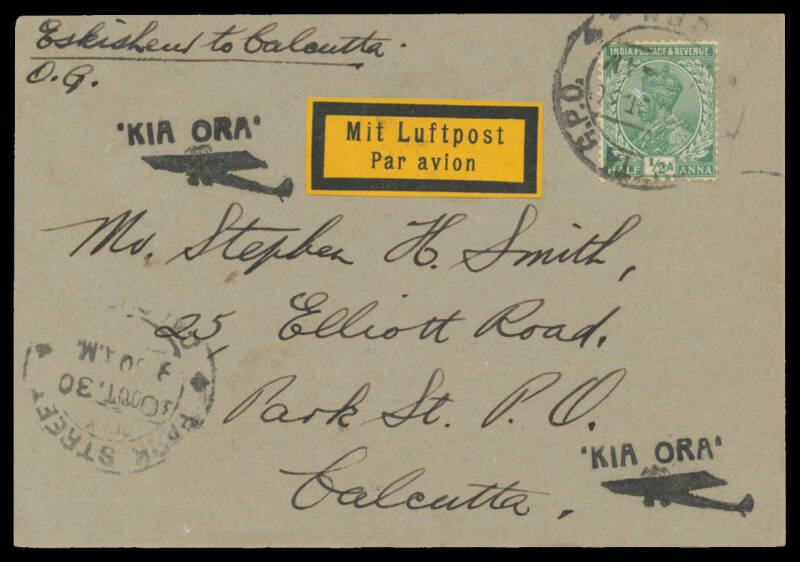 1930 (Oct 16) England-Australia #173b intermediate ARIF HIKEMT, Eskisehir merchant postcard endorsed and signed "Carried from Eskisheur/toCalcutta by the/"Kia Ora" Gipsy Moth/Aeroplane/Oscar Garden/Pilot/29/10/30" on back franked with India KGV ½a green t