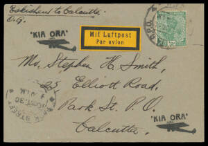 1930 (Oct 16) England-Australia #173b intermediate ARIF HIKEMT, Eskisehir merchant postcard endorsed and signed "Carried from Eskisheur/toCalcutta by the/"Kia Ora" Gipsy Moth/Aeroplane/Oscar Garden/Pilot/29/10/30" on back franked with India KGV ½a green t