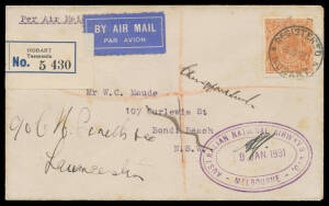 1931 (Jan 19) Launceston-Melbourne #175 cover sent registered to NSW carried on Australian National Airways Ltd first Bass Strait mail endorsed on back 'Launceston-Melbourne 19th January 1931 per "SOUTHERN CLOUD" courtesy of Air Commodore C Kingsford Smit