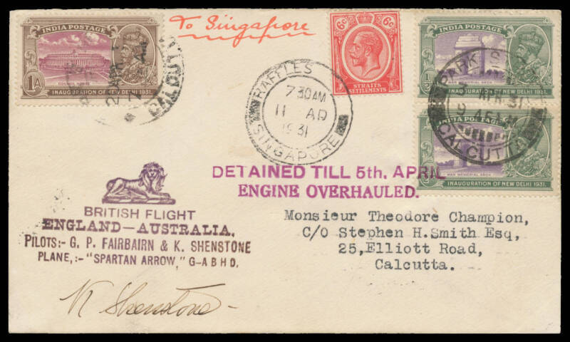 1931 (Oct 19) England-Australia #179 intermediate cover to Singapore carried by Cambridge University Air Squadron members with violet Lion 'BRITISH FLIGHT/ENGLAND-AUSTRALIA/PILOTS:- GP FAIRBAIRN & K SHENSTONE/PLANE:-"SPARTAN ARROW" G-ABHD' cachet franked