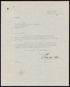 THE LOSS OF THE "SOUTHERN CLOUD": 1931 (April 8) autographed letter from Charles Ulm to Mr H.P. Brown, of the P.M.G. Department, thanking him for the "Commemorative issue of Kingsford-Smith Stamps" (which had been issued on March 19th) and apologising "fo