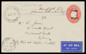 1931 (March 28) New Zealand-Australia #184 intermediate KGV 'TWO/PENCE' ON 1½d red envelope with violet 'CARRIED BY AIR' cachet endorsed from "Norfolk Island" and signed "Francis Chichester" flown in his DH60G Moth float plane 'Miss Elijah' to Sydney with