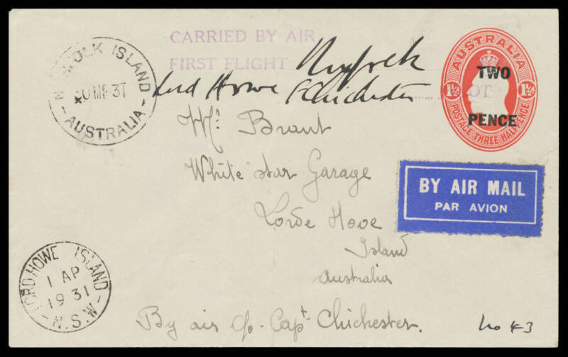 1931 (March 28) New Zealand-Australia-Japan #184/184a/210/211 four covers carried by Francis Chichester in his DH60G Moth float plane 'Miss Elijah', two with violet 'CARRIED BY AIR' cachet endorsed from "Norfolk Island" and "Lord Howe Island" respectively