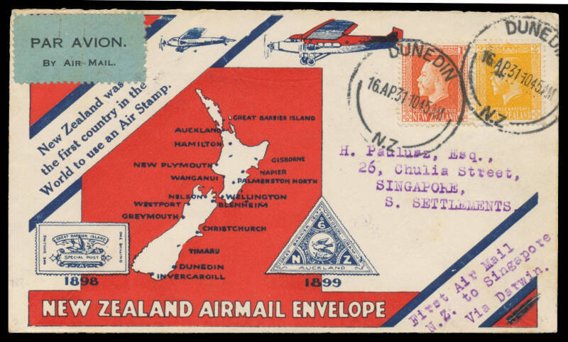 1931 (Apr 23) Australia-England First Experimental Air Mail per "Southern Cross" New Zealand acceptances with various adhesives, to Singapore, Penang, Rangoon, Calcutta, Athens & London, all with the 'FIRST OFFICIAL AIR MAIL FLIGHT' cachets in violet on t