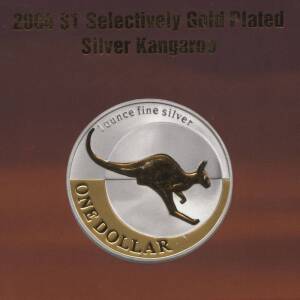 KOOKABURRA - $1.00/1oz proof, 2000/2001/2002 cased triple, 2001/2002 cased pair and 2005 with Libra privy mark: KANGAROO - 1oz Unc. 1993, 2002, 2003 (3), 2004 & 2005 (2); Proofs, 2004 plus 2003, 2004 & 2005 all gold plated. Cat. $1,200+.