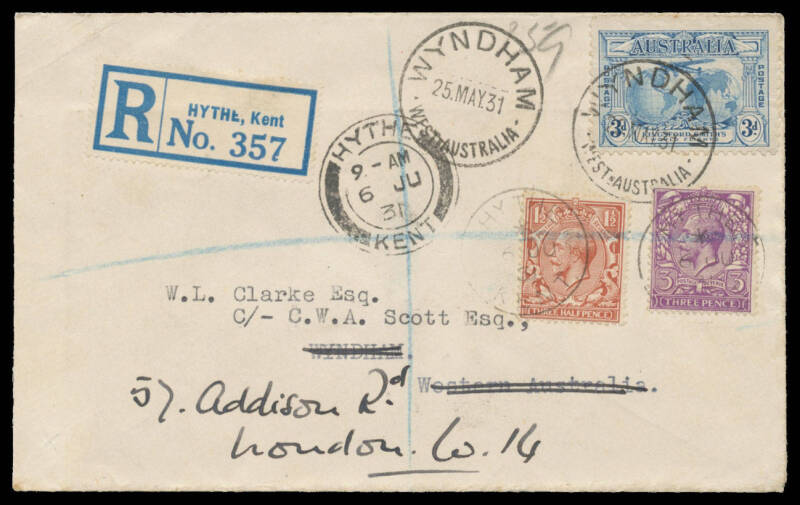 1931 (May 26) Australia-England #209 CC Wakefield & Co cover carried by CWA Scott in a DH60M Gipsy Moth on his record-breaking 10 day 23 hour flight from Western Australia franked Kingsford Smith 3d blue tied 'WYNDHAM/25MAY31/WESTN AUSTRALIA' datestamp, C