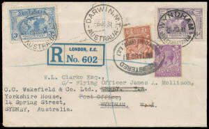 1931 (July 25) Australia-England #214 CC Wakefield & Co cover and enclosed letter carried by JA Mollison in a DH60M Gipsy Moth on his 8 day 19 hour flight from Western Australia (breaking CWA Scott's record set barely two months earlier), Cat $4,000.