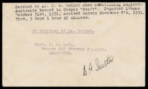 1931 (Oct 31) England-Australia #217 cover endorsed 'Carried by Mr CA Butler when establishing England-Australia Record in Comper "Swift". Departed Lympne October 31st 1931, Arrived Darwin November 9th 1931. Time 9 days 1 hour 42 minutes' carried per favo