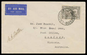 1931 (Oct 31) England-Australia #219 intermediate cover to Victoria carried by CA Butler in the Comper Swift after his record-breaking flight from Lympne to Darwin franked with Airmail 6d sepia tied 'CAMOOWEAL/12NO31/QUEENSLAND' datestamp on arrival and s