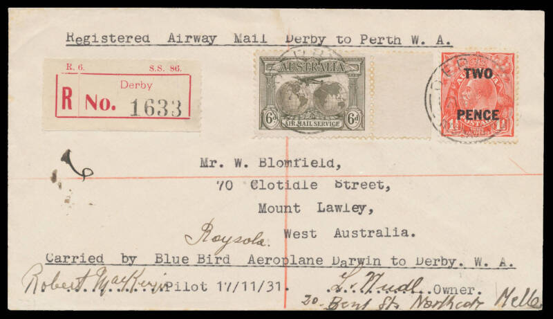 1931 (Nov 17) Melbourne-Melbourne #221 intermediate cover flown on Round-Australia flight endorsed and signed 'Carried by Blue Bird "Raysola" Aeroplane Darwin to Derby WA/Robert McKenzie Pilot 17/11/3 L.Nudl Owner' franked with Airmail 6d sepia and KGV 'T